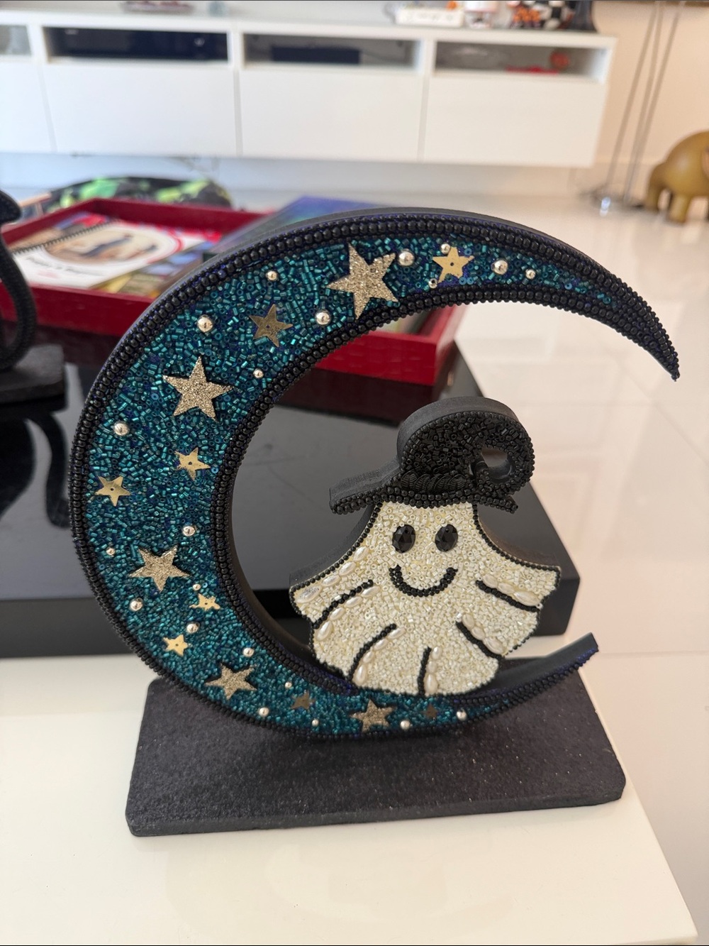 Halloween Teal Beaded Crescent Moon with Smiling Ghost Holiday Decor
